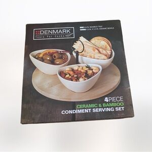 NIB 4 piece denmark ceramic and bamboo condiment serving set